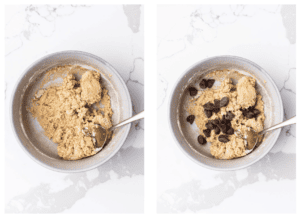 A small bowl with the dry ingredients stirred in, and the cookie dough with chocolate chips added to it.